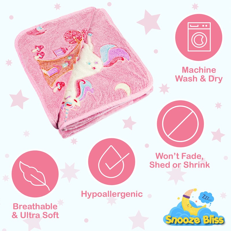 Snooze Bliss Glow in The Dark Unicorn Blanket for Girls â€“ Soft Pink Fleece Throw. Great Christmas, Birthday, Baby, Toddler Unicorn Gifts for Girls, Fairy, Butterfly, Stars. Bright Long-Last Glow - Image 5